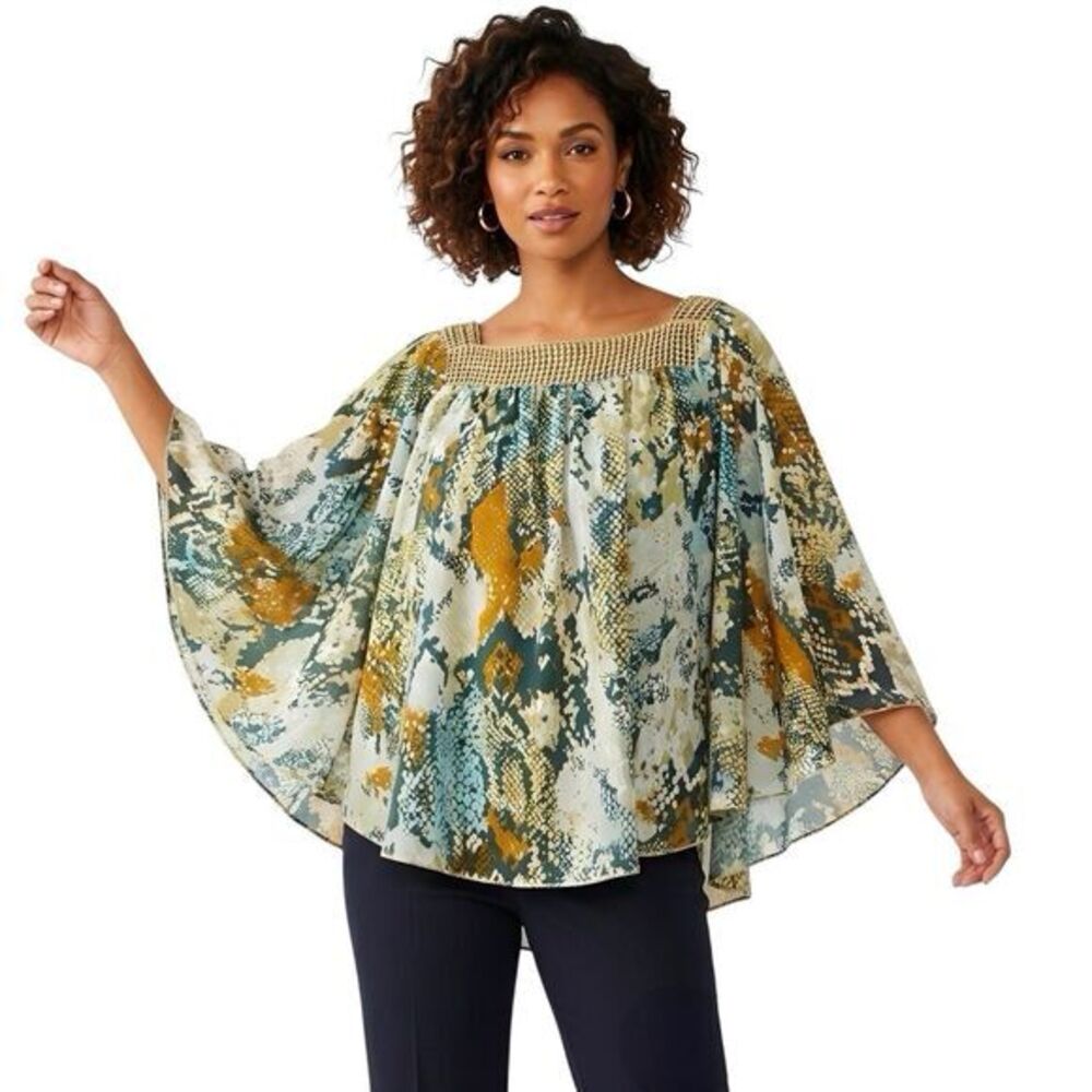 Bandolino Womens Blouse Sz Medium Boho Tunic Snake Print Hippie Festival Hipster